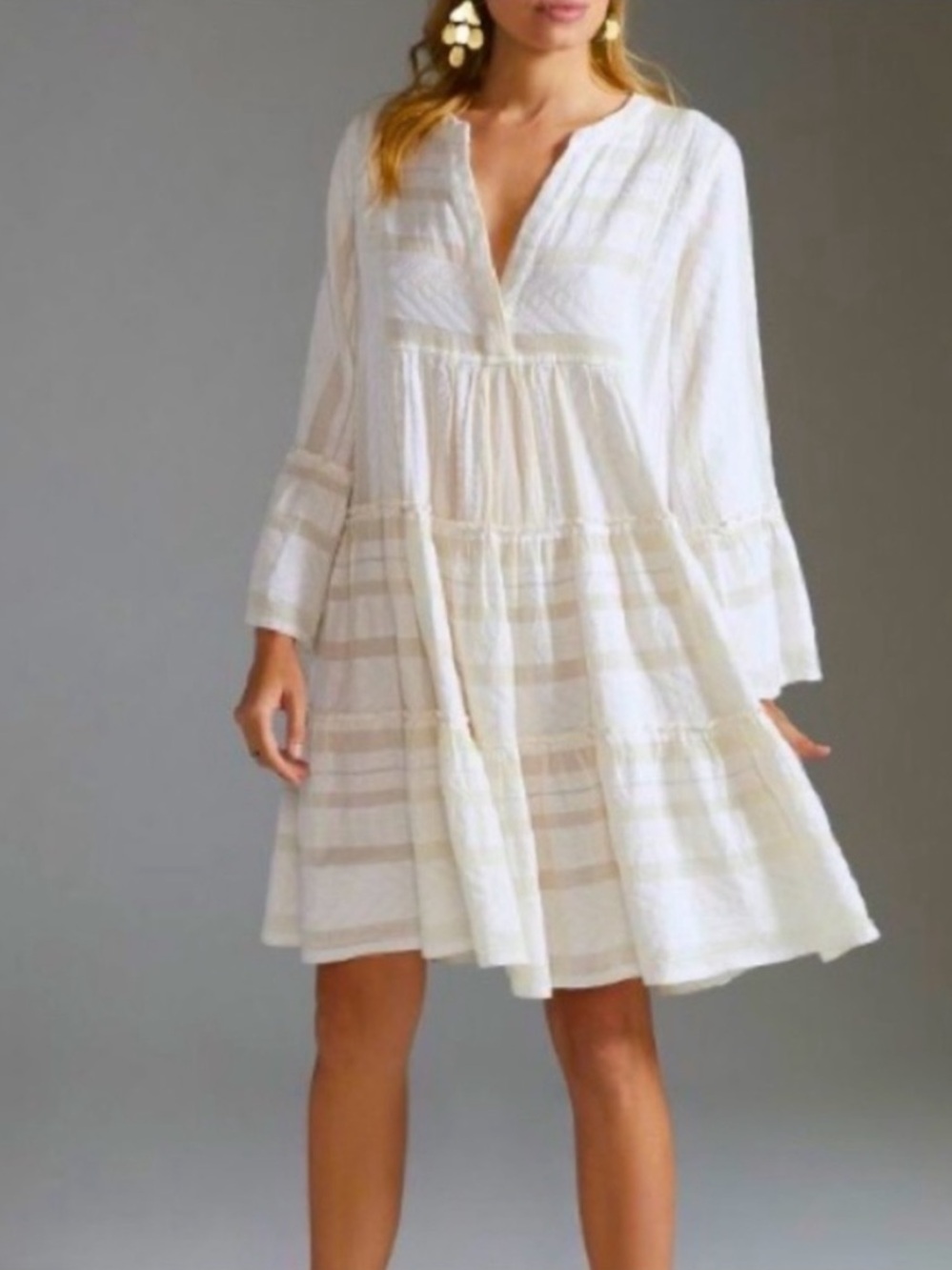 Devotion TWINS Cream Tiered Cotton Dress with Subtle Stripes